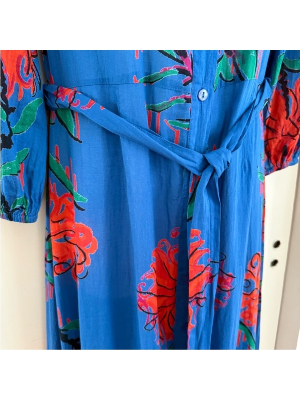New Anthropologie Ro’s Garden Cotton Floral India Blue Red Midi Shirt Dress S - Picture 3 of 8